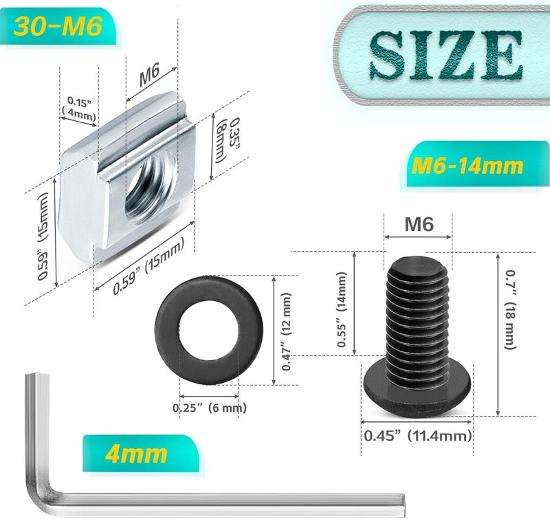 PETOX 24 Set Black 3030 Series Aluminum Extrusion Profile Connector, Includes 1pc Wrench, 24pcs 2835 Corner Bracket, 48pcs M6 T-Slot Sliding Nuts and Hex Screw Bolt for 20S Aluminum Rail Accessories - Image 5